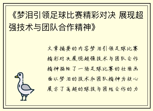 《梦泪引领足球比赛精彩对决 展现超强技术与团队合作精神》