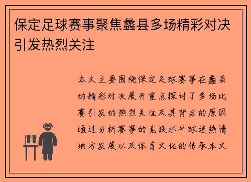 保定足球赛事聚焦蠡县多场精彩对决引发热烈关注