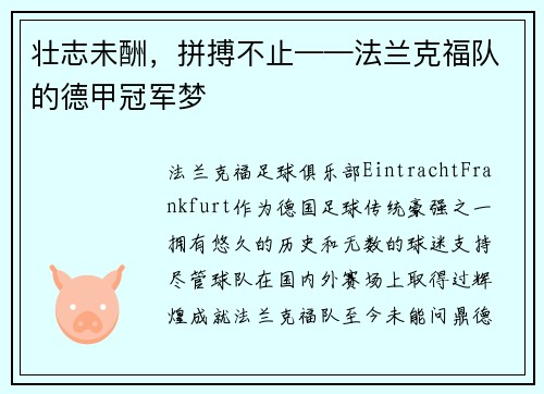 壮志未酬，拼搏不止——法兰克福队的德甲冠军梦