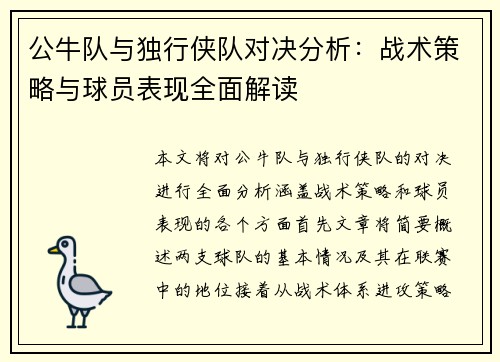 公牛队与独行侠队对决分析：战术策略与球员表现全面解读