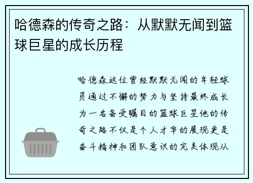哈德森的传奇之路：从默默无闻到篮球巨星的成长历程