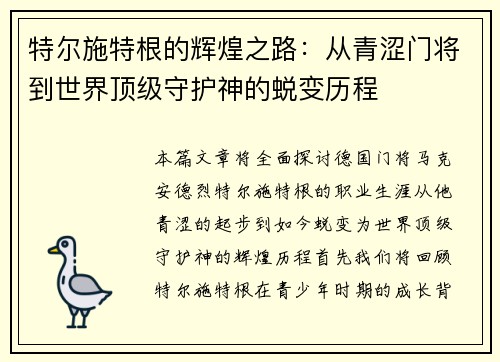 特尔施特根的辉煌之路：从青涩门将到世界顶级守护神的蜕变历程