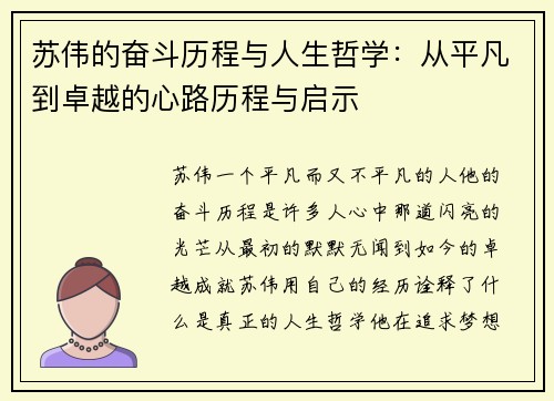 苏伟的奋斗历程与人生哲学：从平凡到卓越的心路历程与启示