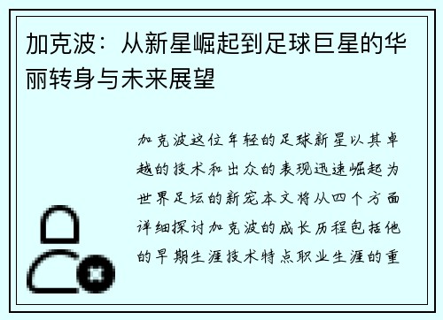 加克波：从新星崛起到足球巨星的华丽转身与未来展望
