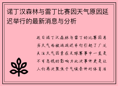 诺丁汉森林与雷丁比赛因天气原因延迟举行的最新消息与分析