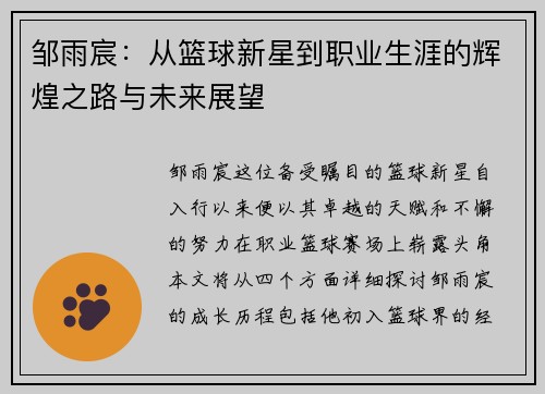 邹雨宸：从篮球新星到职业生涯的辉煌之路与未来展望