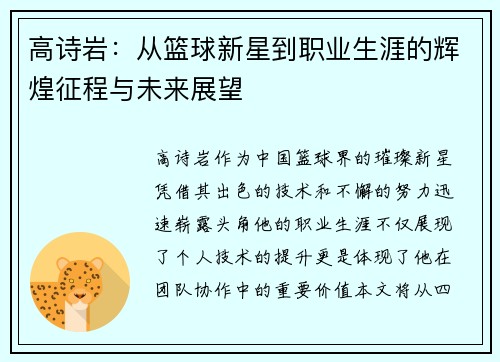 高诗岩：从篮球新星到职业生涯的辉煌征程与未来展望