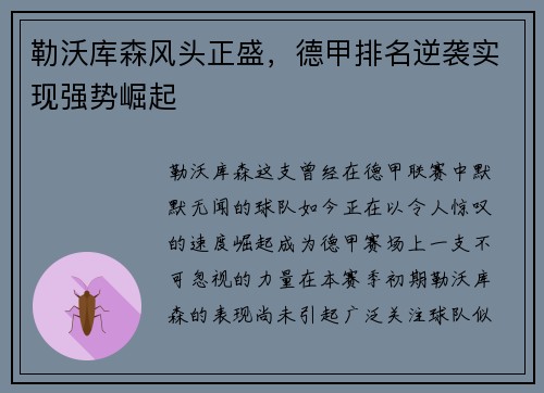 勒沃库森风头正盛，德甲排名逆袭实现强势崛起