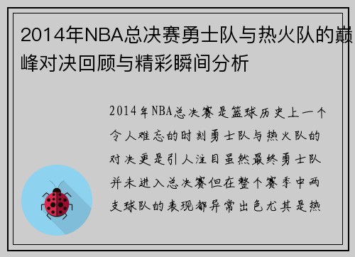 2014年NBA总决赛勇士队与热火队的巅峰对决回顾与精彩瞬间分析