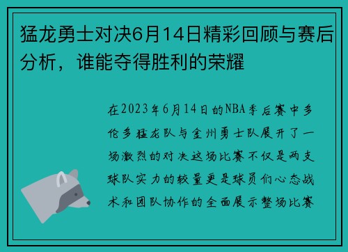 猛龙勇士对决6月14日精彩回顾与赛后分析，谁能夺得胜利的荣耀