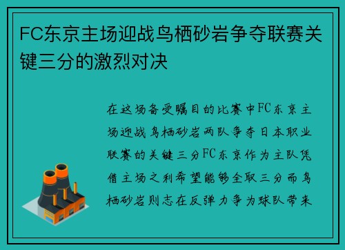 FC东京主场迎战鸟栖砂岩争夺联赛关键三分的激烈对决