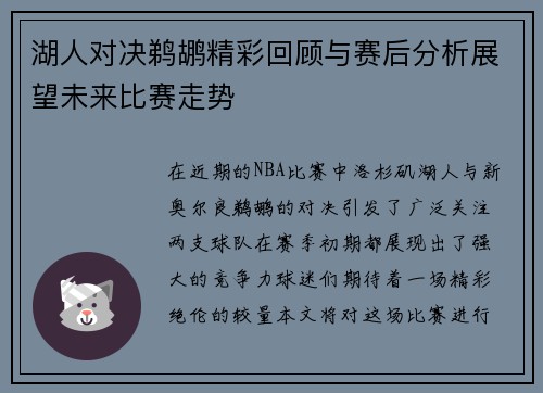 湖人对决鹈鹕精彩回顾与赛后分析展望未来比赛走势