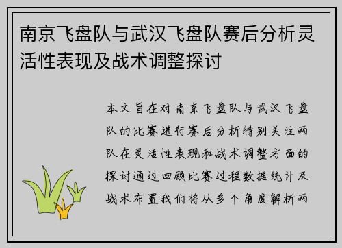南京飞盘队与武汉飞盘队赛后分析灵活性表现及战术调整探讨