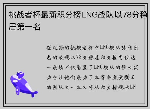 挑战者杯最新积分榜LNG战队以78分稳居第一名